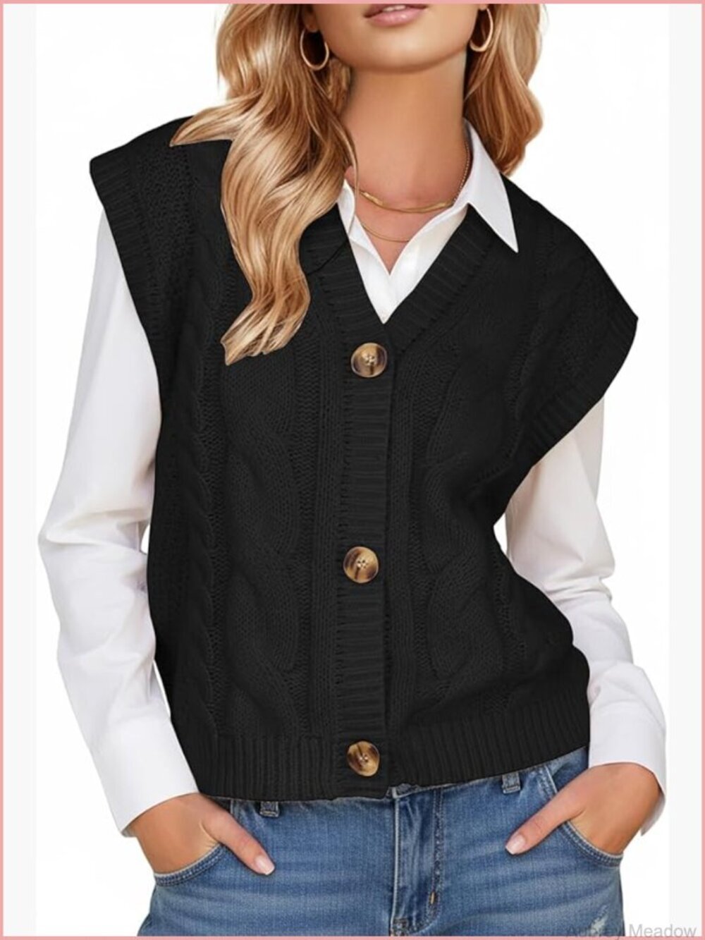 Women's Chunky Cable Knit Sleeveless Button Down V-Neck Sweater Vest Cardigan